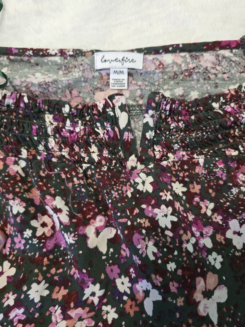 Love,Fire Dark Green Floral Square Neck Peasant/Peplum Top M - Picture 8 of 9